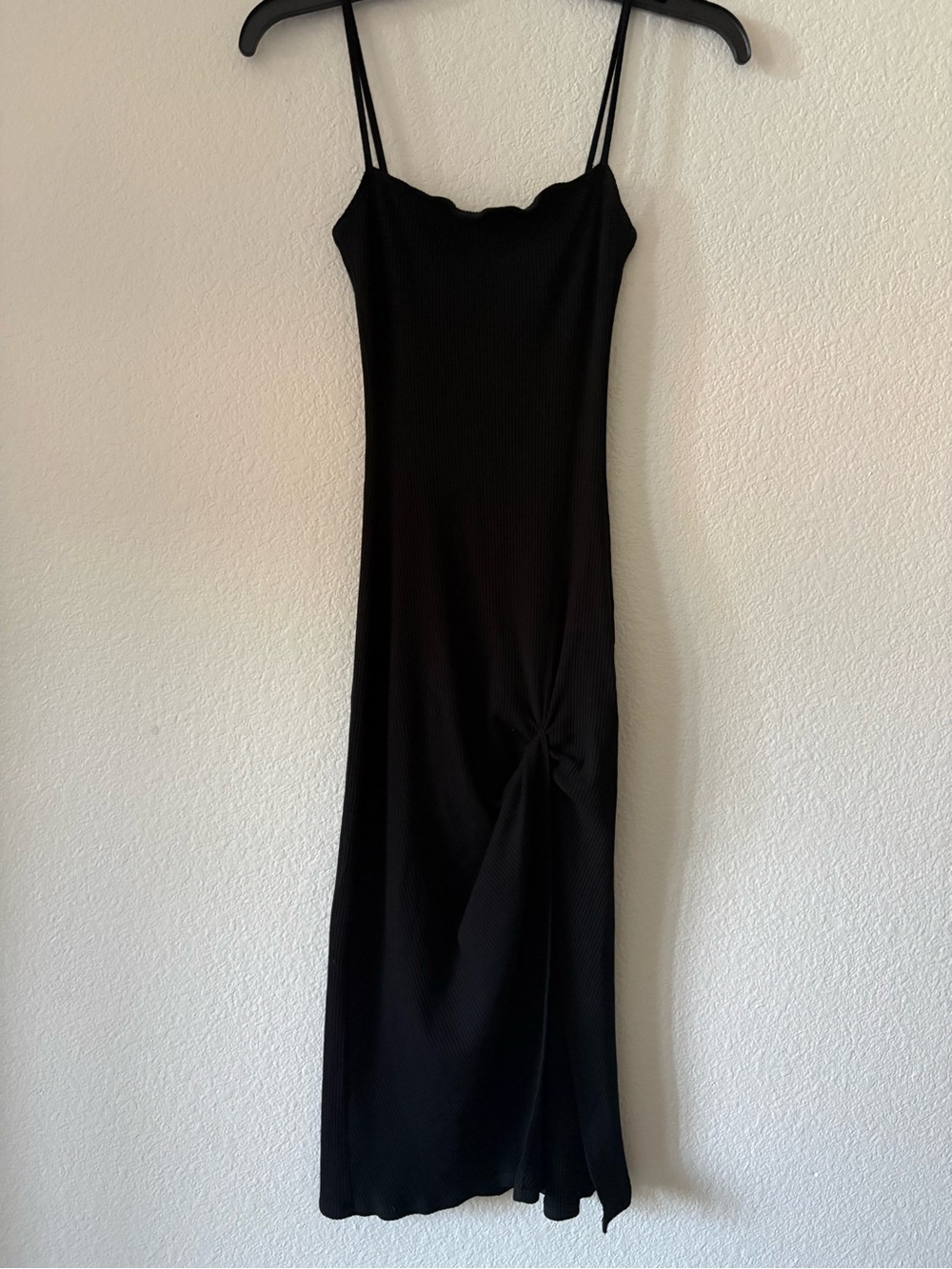 Reformation Black Ribbed Slip Midi Dress with Side Knot